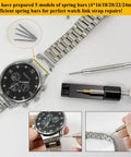 All In One Watch Link Repair Kit With Pin Remover And Double Ended Punch Includes Six Extra Pins Twenty Spring Bars Cleaning Cloth And Pro Grade Upgrade Tool For Fast Band Adjustments And Bracelet Repairs, showing tools and watch bracelet.