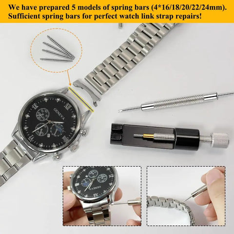 All In One Watch Link Repair Kit With Pin Remover And Double Ended Punch Includes Six Extra Pins Twenty Spring Bars Cleaning Cloth And Pro Grade Upgrade Tool For Fast Band Adjustments And Bracelet Repairs, showing tools and watch bracelet.