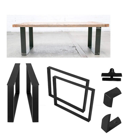 Industrial Rustic Cast Iron Table Leg Set Heavy Duty Black Square Legs 28.3 Inch High And 35.4 Inch Wide Ideal For Coffee Dining And Kitchen Tables 2 Pack shown with components and assembled table.