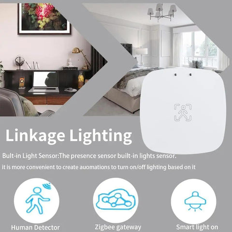 Smart Home Presence Sensor With Zigbee Millimeter Wave Radar Detection For Home Assistant Via Zigbee2mqtt Real Time Presence Distance Illuminance Sensing And Instant Motion Alerts Dope Home Automation Upgrade white Zigbee presence sensor for wall or ceiling mounting in bedroom and hallway