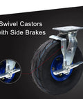 Heavy Duty Swivel And Fixed Plate Caster Set With Smooth Roll Pneumatic Rubber Wheels For Toolboxes And Utility Carts Featuring Double Ball Bearings And Real Deal Eight Hundred Pound Capacity side brake swivel caster with rubber wheel and steel bracket.