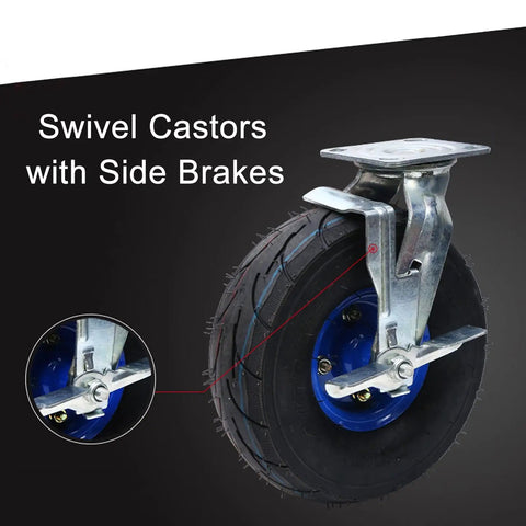 Heavy Duty Swivel And Fixed Plate Caster Set With Smooth Roll Pneumatic Rubber Wheels For Toolboxes And Utility Carts Featuring Double Ball Bearings And Real Deal Eight Hundred Pound Capacity side brake swivel caster with rubber wheel and steel bracket.