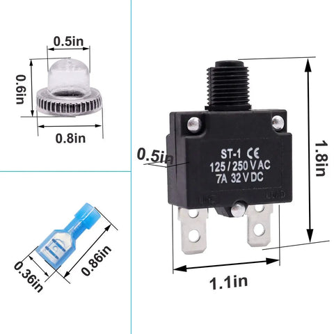5 Piece 7 Amp Push To Reset Thermal Circuit Breaker Set With Waterproof Button Caps And Quick Connect Terminals 125 250V AC And 32V DC Single Pole Overload Protector Switches For Home Marine And DIY Electronics, black breaker and caps