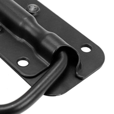 Close-up of spring loaded pull handle for tool boxes and trunks, surface mounted, black with 13mm PVC grip, robust design.