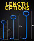 Blue metal manhole cover hook tools, trio showing 24, 30 and 36-inch lengths (front view)