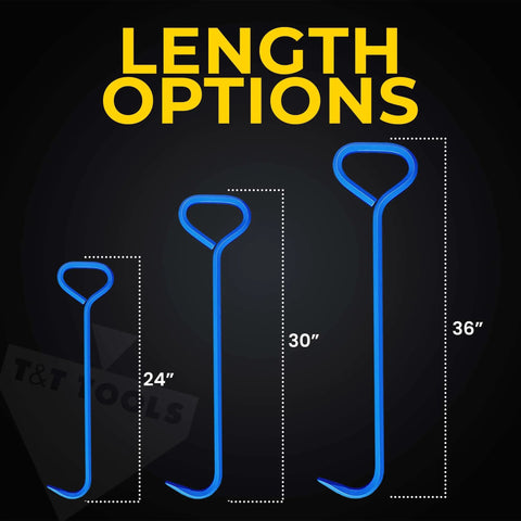 Blue metal manhole cover hook tools, trio showing 24, 30 and 36-inch lengths (front view)