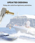 12 Inch Marine Fuel Tank Pickup Tube With Strainer for Boat Gas Tank, brass barb, polyethylene, and boat in background