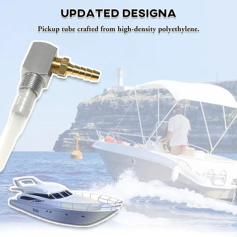 12 Inch Marine Fuel Tank Pickup Tube With Strainer for Boat Gas Tank, brass barb, polyethylene, and boat in background