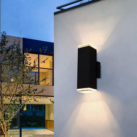 13 Inch LED Modern Square Aluminum Outdoor Wall Light With Matte Black Finish 20W 3000K Warm White Up And Down Sconce
