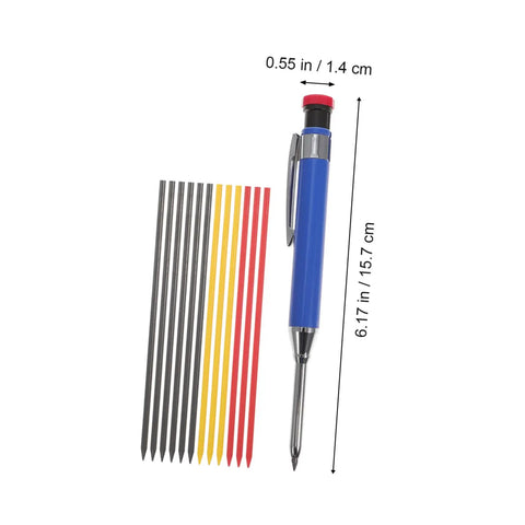 Solid Grip Mechanical Carpenter Pencil Set With Interchangeable Refills Featuring Wide Mouth Deep Hole Marker Heavy Duty Woodworking Gear For Framers Inspectors And Tradesmen Tight Fit Build Job Site Ready with blue pencil and assorted color refills.