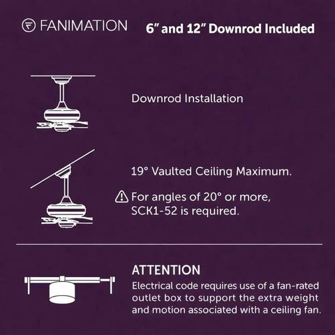 Fanimation Spitfire 84 In Ceiling Fan installation guide with 6 and 12 inch downrod for vaulted ceilings.