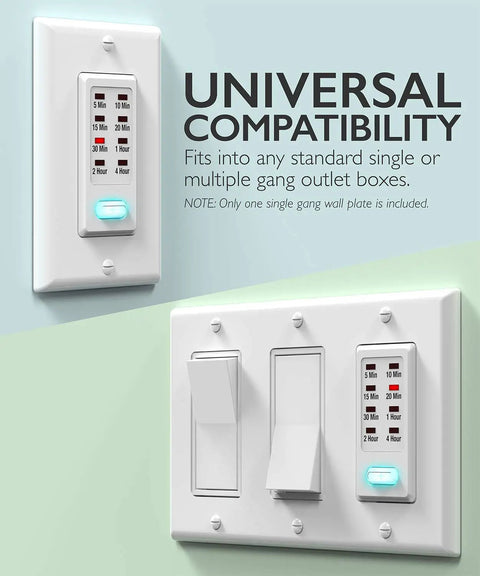Programmable In Wall Countdown Light Timer Switch For Bathrooms And Heaters With 9 Preset Settings Including 5 10 15 20 30 Minute And 1 2 4 Hour Timers Easy Install 1875W Neutral Wire Required ETL Listed 2 Pack in single and multi-gang wall plates