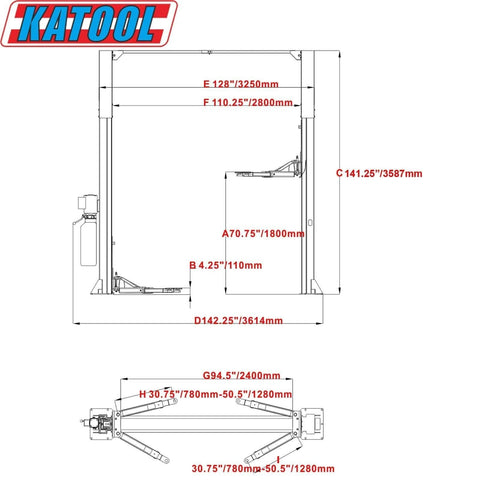 ME-LM110S two-post car lift front view by Katool, 11,000 lb capacity, 220V
