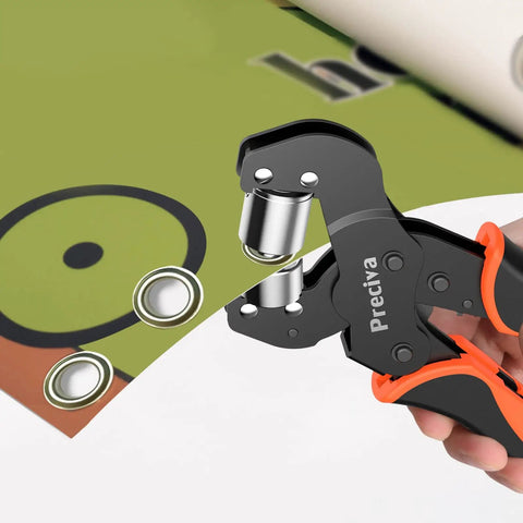 Heavy Duty Pro Grade Grommet Tool Kit Three Eighths Inch With Detachable Head Eyelet Pliers and silver grommets on fabric tarp