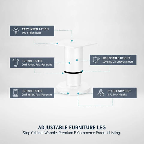 Cold Rolled Steel Adjustable Cabinet Leg For Leveling Base Units On Uneven Floors, 4.72 Inch Support With White Baked-On Finish, diagram