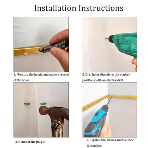 Installation guide for Corner Hanging Bar Wall Mounted Pipe Garment Rack For Small Spaces with steps and tools displayed