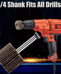 24 Pcs Flap Wheel Sander Kit With One Quarter Inch Shank, 80 Grit Aluminum Oxide Wheels, shown with electric drill