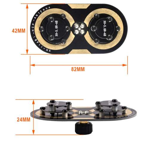 Top and side view of Beast 11dBi FPV Circular Polarized Antenna For 5.5-5.8GHz Racing Drones, SMA Male RHCP patch plate with dimensions.
