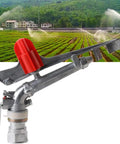 All Season Farm Irrigation Sprinkler With Adjustable Impact Spray Gun And Nozzle Set For Big Backyards Featuring Tough Zinc Build and Quick Female Thread Hookup.