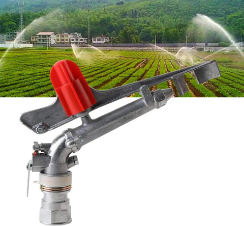 All Season Farm Irrigation Sprinkler With Adjustable Impact Spray Gun And Nozzle Set For Big Backyards Featuring Tough Zinc Build and Quick Female Thread Hookup.