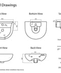 Technical drawings of 17.72 Inch Wall Mount Corner Sink Ceramic U Shaped With One Hole And Overflow Glossy White Finish