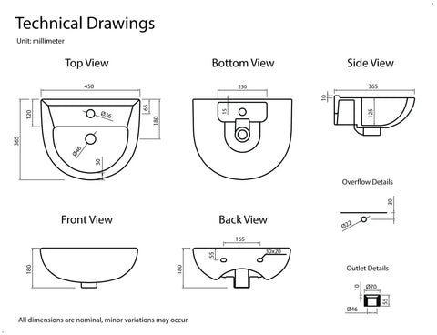 Technical drawings of 17.72 Inch Wall Mount Corner Sink Ceramic U Shaped With One Hole And Overflow Glossy White Finish