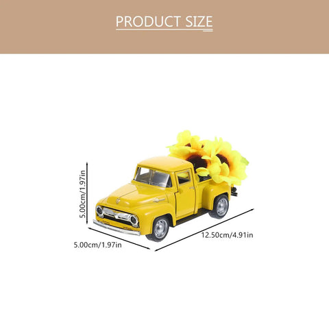 Yellow Metal Truck Decor With Artificial Sunflowers Vintage Farmhouse Charm Tiered Tray Ornament shown with size dimensions.