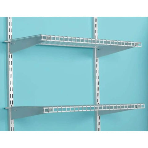 Expandable 26 Inch Shelf Kit Two Shelves White With Durable Epoxy Finish installed on wall in laundry pantry setting