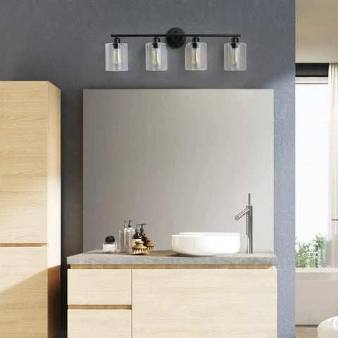 4 Light Matte Black Vanity Light Over Mirror With Clear Glass Shades Modern Farmhouse Wall Sconce For Bathroom UL Listed Anti Rust Metal Frame Wet Location Fixture
