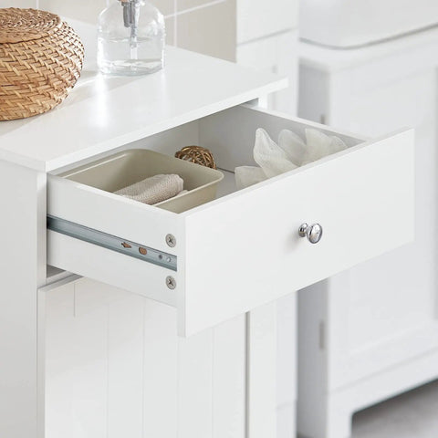 Slim Tilt-Out Laundry Hamper Cabinet For Tight Spaces with open drawer showing interior storage.