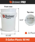 Dustopper 5 Gallon Heavy Duty Bucket For Shop Vac Systems, plastic construction with measurements for optimal usage.