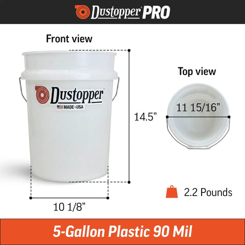 Dustopper 5 Gallon Heavy Duty Bucket For Shop Vac Systems, plastic construction with measurements for optimal usage.