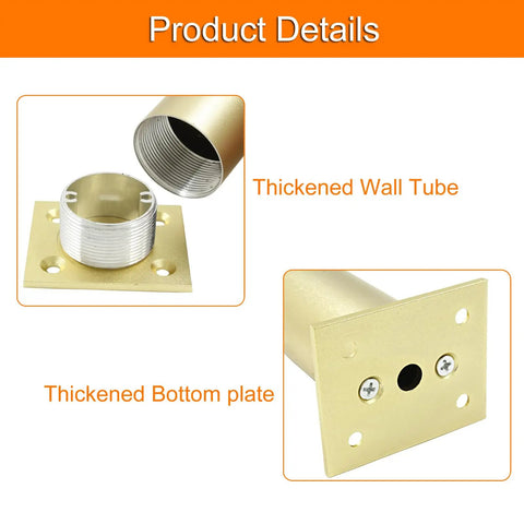 Top Tier Adjustable Aluminum Furniture Legs Sweet Gold Finish thickness details showing wall tube and bottom plate features.
