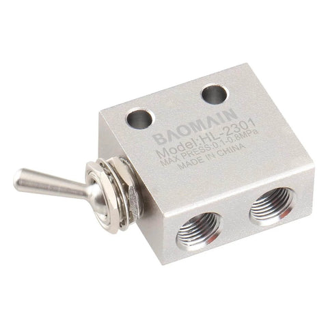 Front view of hand operated pneumatic knob switch valve three port two position normally closed with one eighth inch thread