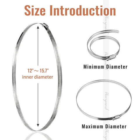 Stainless Steel Hose Clamp Set With Adjustable Worm Gear, 12 To 15.7 Inch Range, Five Pack, showing min and max diameter sizes.