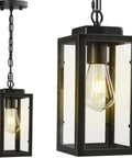 Slick Black Aluminum Outdoor Pendant Light With Tempered Glass, Adjustable 63 Inch Chain Hanging Porch Chandelier For Yard Gazebo And Patio, Super Easy Socket Swap For Weekend Hangout Vibes, clear glass shade detail.