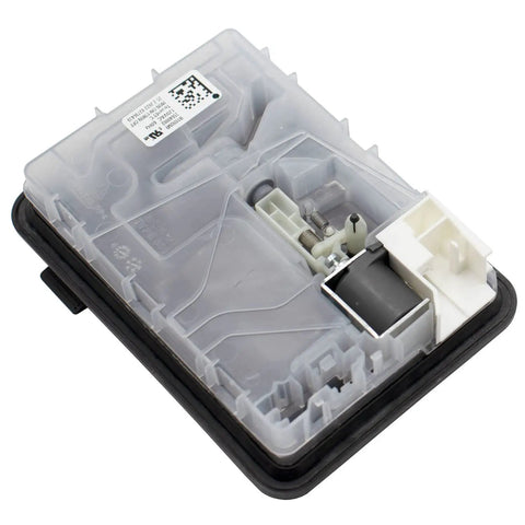 Close-up of W11412300 W11092649 Dishwasher Detergent Dispenser Replacement with spring latch, transparent and white casing.