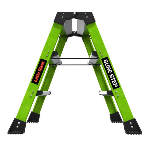 Sure Step 3 Step Double Sided Fiberglass Ladder Workhorse With Quick Setup Nylon Spreader Straps, Slip Resistant Feet, Hi Viz Green