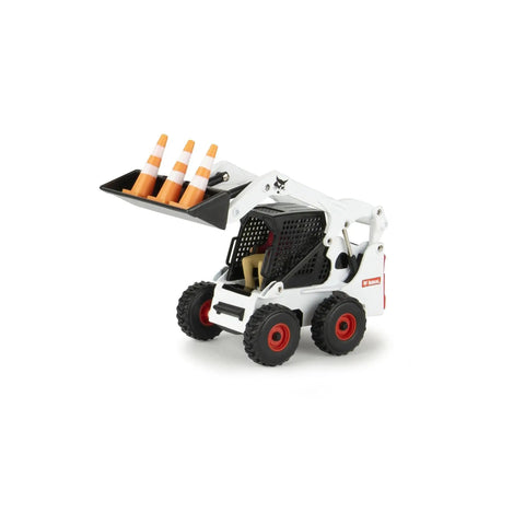 One Thirty Two Scale Die Cast Skid Steer And Pickup Truck Construction Toy Set with Skid Steer Bucket Holding Three Cones