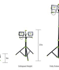 14,000 Lumen LED Work Light With All Metal 60 Inch Telescoping Tripod Stand at 9in, 37in, 64in heights for job site use.