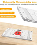 Heavy Duty Aluminum Router Table Insert Plate Kit Accompanied By Four Vivid Red Swap Rings And Sixteen Secure Mounting Bolts on a wooden surface.