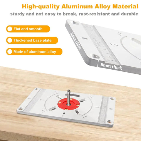 Heavy Duty Aluminum Router Table Insert Plate Kit Accompanied By Four Vivid Red Swap Rings And Sixteen Secure Mounting Bolts on a wooden surface.