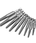 10 Piece Broken Screw Extractor Set For Stripped Screws And Busted Bolts Drill Bit Kit With Quarter Inch Hex Shank Easy Out Remover Includes Five Sizes One To Five For Fastener Extraction showing ten drill bits with hex shanks.