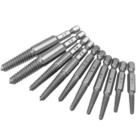 10 Piece Broken Screw Extractor Set For Stripped Screws And Busted Bolts Drill Bit Kit With Quarter Inch Hex Shank Easy Out Remover Includes Five Sizes One To Five For Fastener Extraction showing ten drill bits with hex shanks.