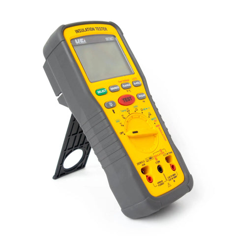 Insulation Resistance Tester 1000V Megohmmeter For Electric Pros Pro Grade Quality, 0.01MOhm To 2GOhm Range, Voltage Check Up To 1000V, High Accuracy Meter For Troubleshooting And Safety Compliance, yellow handheld tester on stand