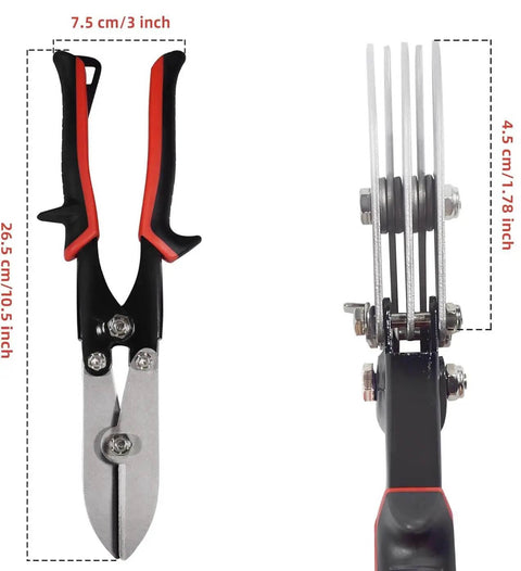Front and side view of a 5 Blade Sheet Metal Crimping Tool For Ductwork And Gutters, Handy Hand Held Crimper Pliers Pro Grade