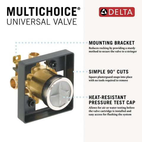 MultiChoice Universal Shower Valve Body with mounting bracket and heat-resistant pressure test cap for trim upgrades