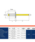 Technical diagram of Heavy Duty Aluminum Pop Rivets Set With 30-Piece Large Flange Blind Rivets Assortment Kit 5/8 Inch Diameter 16 Mm Durable Aluminum Alloy Fasteners For Auto Metal Wood And Plastic Projects with measurements and specifications