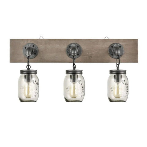 Farmhouse Style 3-Light Mason Jar Wall Sconce With Wood Base And Glass Shades For Indoor Bathroom Vanity Lighting Easy Install