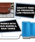 Image showing the use of Gravity-Fed Drip Irrigation Kit With Inline Emitters For Rain Barrels And Cisterns No-Fuss No-Pressure Low-Pressure System 45-Piece Kit Covers Up To 250 Sq Ft With 50 Ft Mainline And 100 Ft Emitter Line with rain barrels.